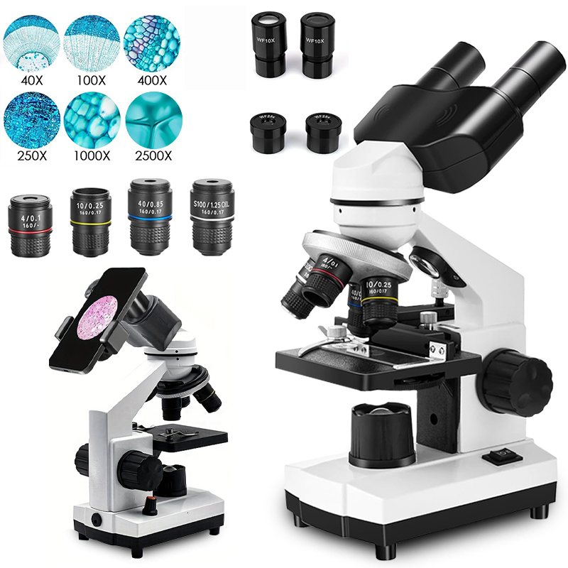 Microscope Compound 40X - Verrekijker-composietmicroscoop met 4 objectieflens, 40X-2500X dubbele